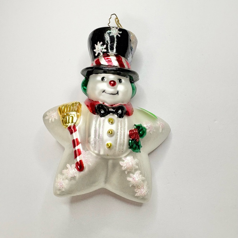 Vintage 1998 BK Lumiere hand blown glass Festive Snowman Star Ornament